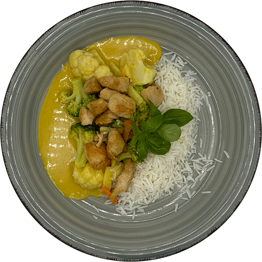 [08000] Gelbes Hähnchencurry mit buntem Gemüse, dazu Reis