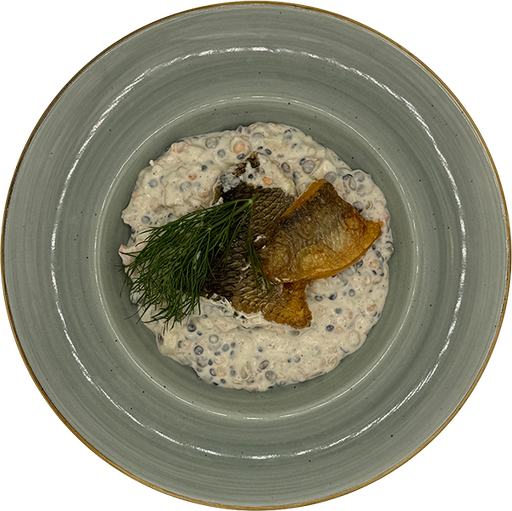 [08026] Zander auf Linsen-Speck-Kartoffel-Gemüse, dazu Fischsoße