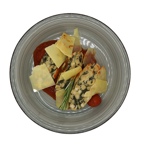 [08040] Spinach dumplings with mountain cheese on cherry tomato ragout