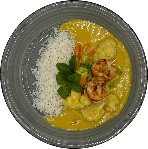 [08045] Gelbes Garnelencurry mit buntem Gemüse und Reis