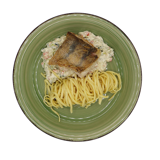 [08100] Zander auf cremigem Gemüse-Ragout, dazu Tagliatelle