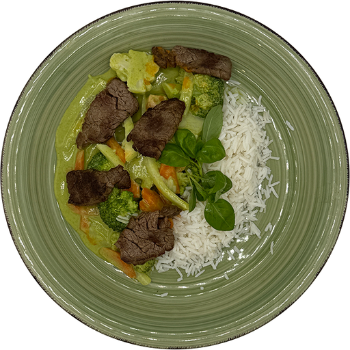 [08134] Grünes Rindercurry mit buntem Gemüse und Reis