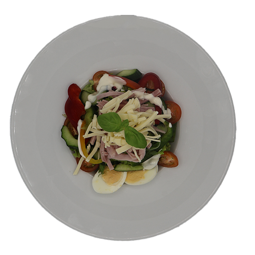 [08138] "Chefsalat" mit Schinkenstreifen, Ei und Käse, dazu French-Dressing