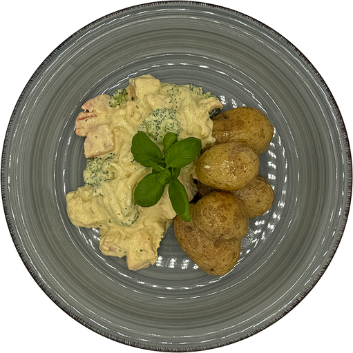 [08170] Fisch-Curry mit Garnelen und Gemüse, dazu Drillinge