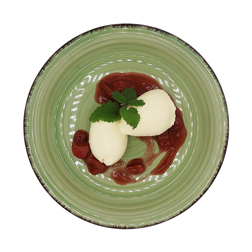 [08259] Weißes Schokoladenmousse mit Rhabarber Erdbeer-Ragout