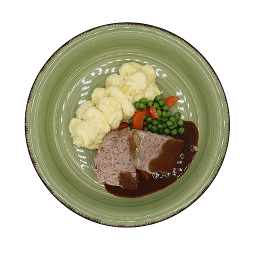 [08273] Hackbraten mit Möhren-Erbsen-Gemüse und Kartoffelstampf