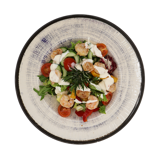 [08515] Leaf salad with prawns, tomato, cucumber, peppers and aioli chili dip