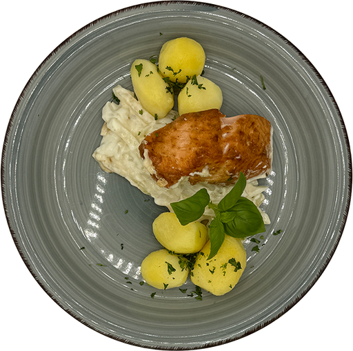 [08523] Lachsfilet auf getrüffeltem Rahmkohlrabi mit Salzkartoffeln