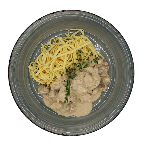 [08682] Hähnchengeschnetzeltes mit Champignons, dazu Tagliatelle