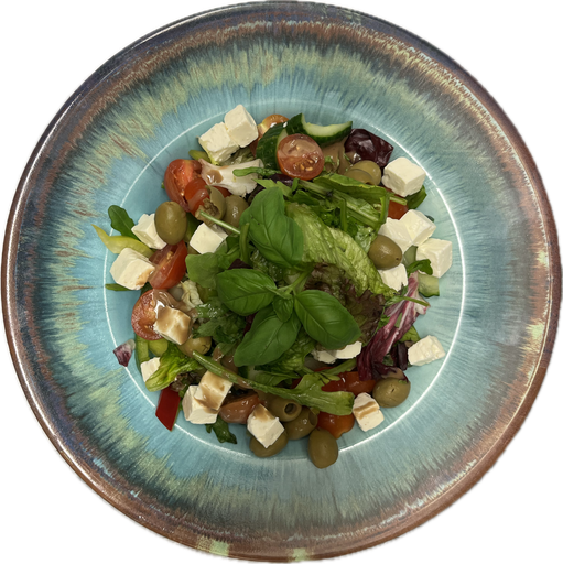 [08750] Griechischer Salat mit Tomate, Gurke, Paprika, Oliven, Feta und Balsamicodressing