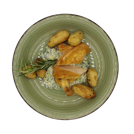 [08807] Corn-fed chicken breast on creamy leek vegetables, served with Provençal potatoes