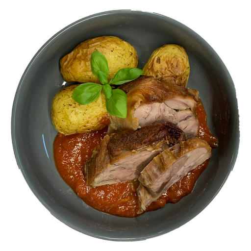 [08831] Kalbshaxenfleisch mit mediterranem Gemüseragout, dazu Zitronen-Thymian-Kartoffeln