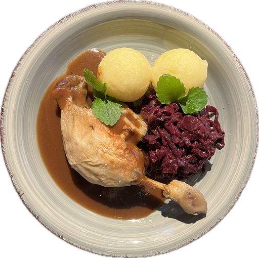 [08911] Entenkeule in Sauce mit Rotkohl und Klößen