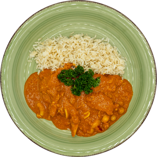 [08926] Butter Chicken mit Kichererbsen und Cashewkernen, dazu Reis