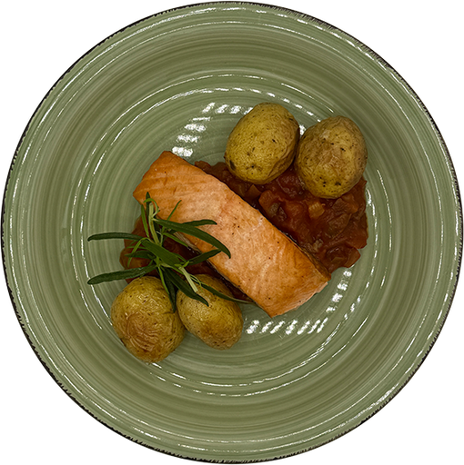 [08939] Salmon fillet on ratatouille vegetables, served with triplets