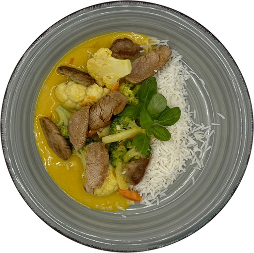 [08951] Gelbes Schweinefiletcurry mit buntem Gemüse und Reis (mild)