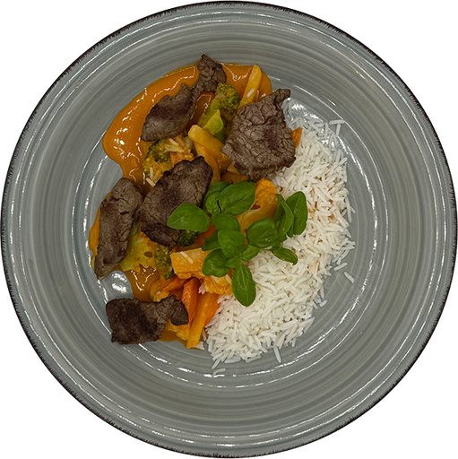 [08952] Rotes Rindercurry mit buntem Gemüse und Reis (scharf)