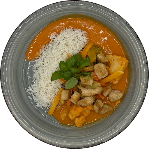 [08954] Rotes Hähnchencurry mit buntem Gemüse und Reis (scharf)