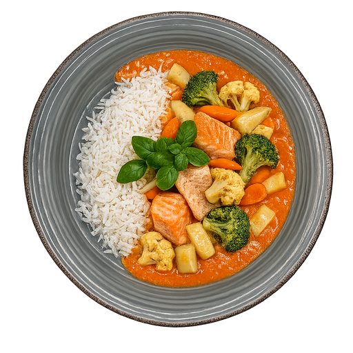 [08955] Rotes Fischcurry mit buntem Gemüse und Reis (scharf)