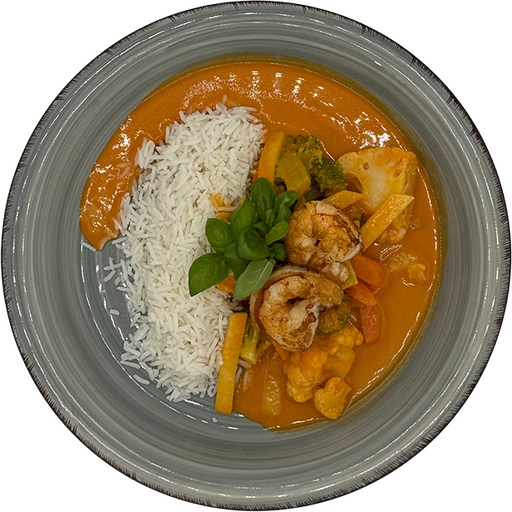 [08956] Rotes Garnelencurry mit buntem Gemüse und Reis (scharf)