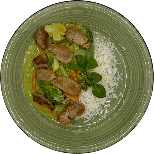 [08957] Grünes Schweinefiletcurry mit buntem Gemüse und Reis