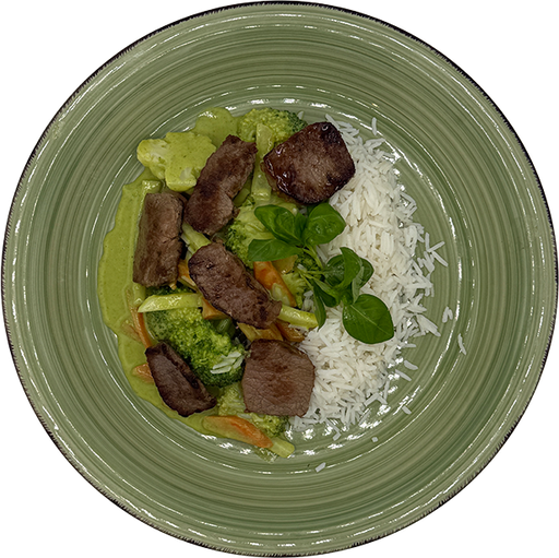 [08958] Grünes Lammcurry mit buntem Gemüse und Reis