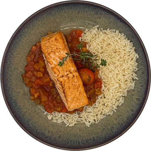 [08961] Salmon fillet on paprika and zucchini vegetables, served with rice