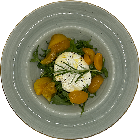 [08965] Burrata mit karamellisierten Aprikosen und Rucola