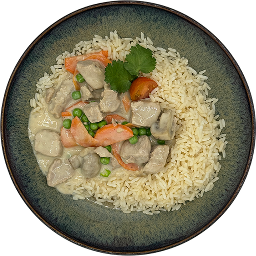 [08966] Kalbsblankett mit Erbsen, Möhren, Champignons und Reis