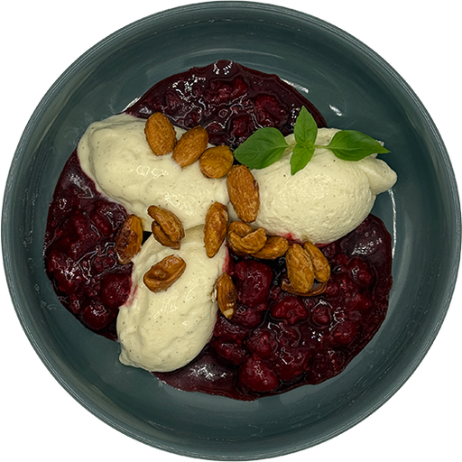 [08969] Vanillecreme mit Himbeerragout und karamellisierten Mandeln