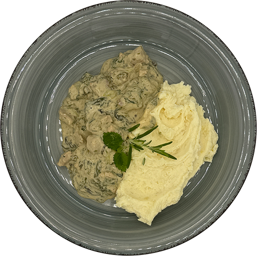 [08970] Schweinefiletgeschnetzeltes mit grünem Pfeffer und Spinat, dazu Kartoffelstampf