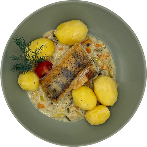 [08972] Zanderfilet auf Gemüse mit Senfsauce und Kartoffeln