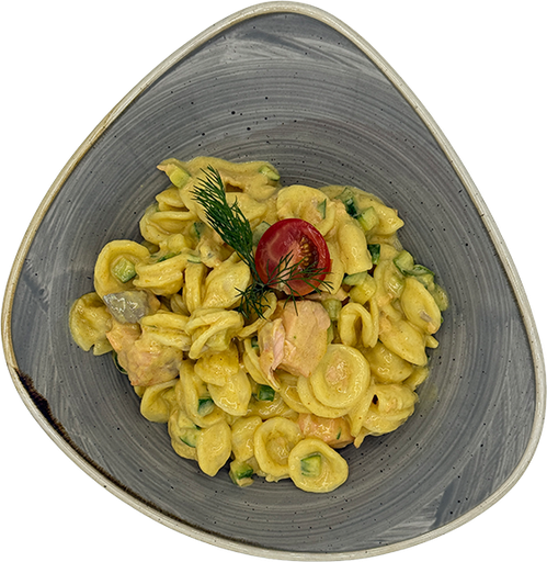 [08973] Orecchiette mit Lachs und Zucchini in Curryrahm