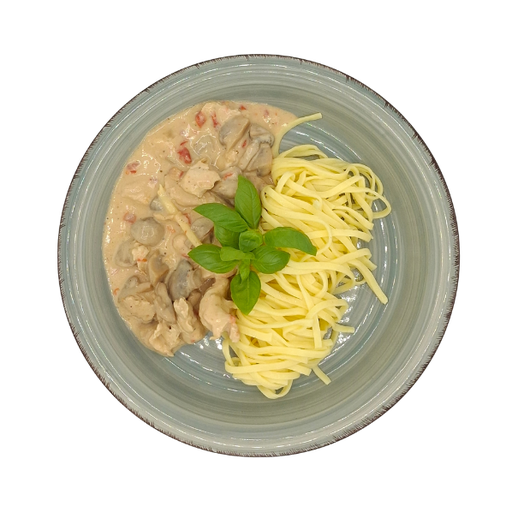 [08975] Hähnchengeschnetzeltes mit Paprika und Champignons, dazu Tagliatelle