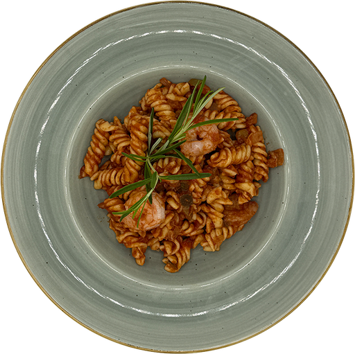 [08981] Fusilli mit Garnelen, mediterranem Gemüse in Tomaten-Thymian-Sauce