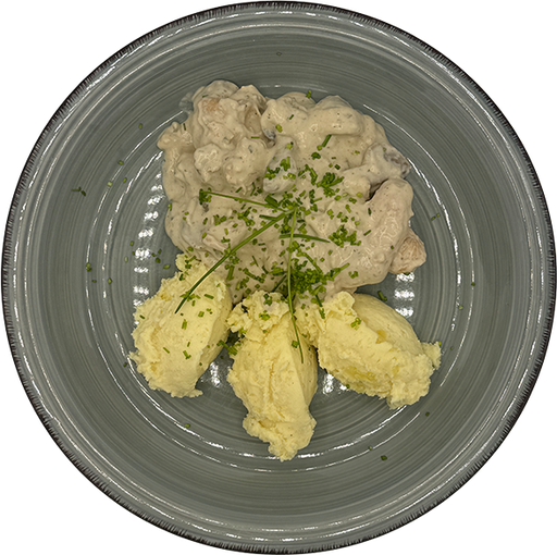 [08985] Hähnchengeschnetzeltes mit Champignonrahm und Kartoffelstampf