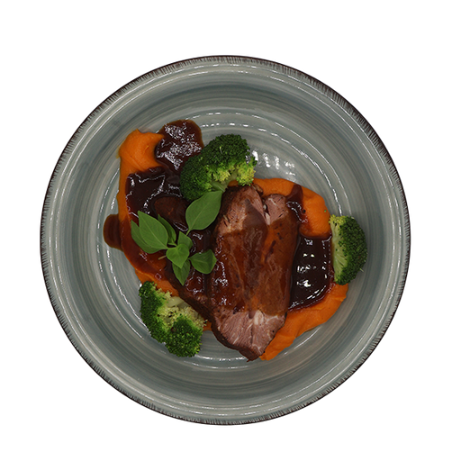[08722] Flat iron with broccoli, sweet potato puree and BBQ sauce