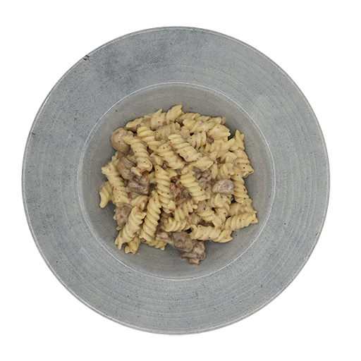 [08427] Fusilli Alfredo mit Speck in Champignonrahm