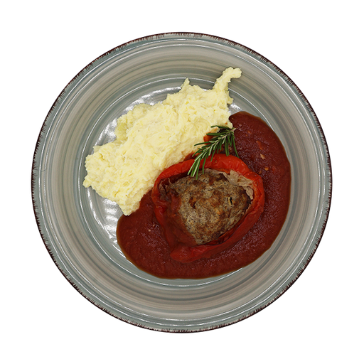 [08545] Mit Hackfleisch gefüllte Paprika in Tomatensauce, dazu Kartoffelstampf